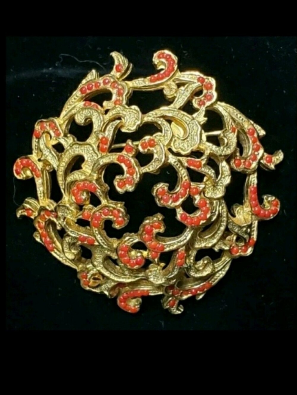 Vintage DeNicola Domed Gold Red Cabashon Brooch Pin